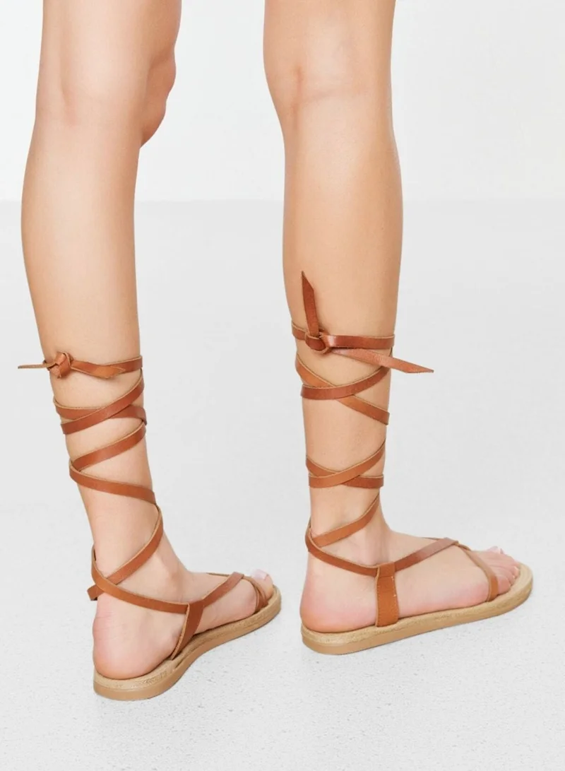 trendyol Taba Genuine Leather Laced Women's Sandals