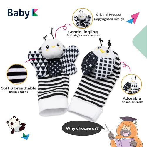 BABY K جوارب وألعاب معصم رنين بيبي ك (مجموعة E) - ألعاب حديثي الولادة للصبي أو الفتاة - ألعاب تنمية الدماغ للأطفال الرضع - رنّات اليد والقدم مناسبة للأطفال من 0-6 و6-12 شهرًا - هدايا للأطفال حديثي الولادة - Image 4