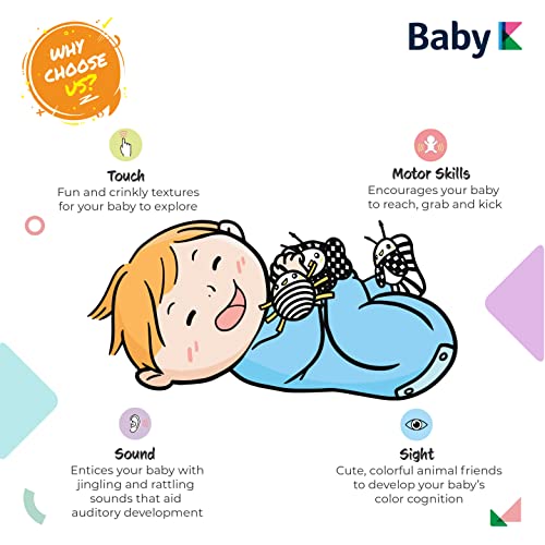 BABY K جوارب وألعاب معصم رنين بيبي ك (مجموعة E) - ألعاب حديثي الولادة للصبي أو الفتاة - ألعاب تنمية الدماغ للأطفال الرضع - رنّات اليد والقدم مناسبة للأطفال من 0-6 و6-12 شهرًا - هدايا للأطفال حديثي الولادة - Image 5