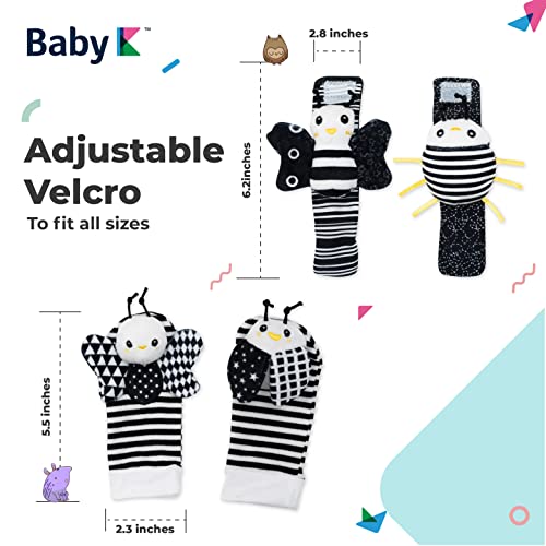BABY K جوارب وألعاب معصم رنين بيبي ك (مجموعة E) - ألعاب حديثي الولادة للصبي أو الفتاة - ألعاب تنمية الدماغ للأطفال الرضع - رنّات اليد والقدم مناسبة للأطفال من 0-6 و6-12 شهرًا - هدايا للأطفال حديثي الولادة - Image 2