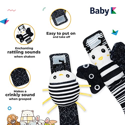 BABY K جوارب وألعاب معصم رنين بيبي ك (مجموعة E) - ألعاب حديثي الولادة للصبي أو الفتاة - ألعاب تنمية الدماغ للأطفال الرضع - رنّات اليد والقدم مناسبة للأطفال من 0-6 و6-12 شهرًا - هدايا للأطفال حديثي الولادة - Image 3