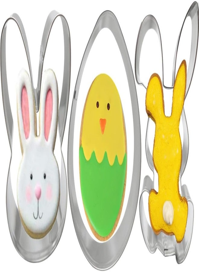 Q-BAKER 3 Pieces Easter Cookie Cutters, 3.54" 3.35" 3.2" Egg Cute Bunny Rabbite Shapes Cookie Cutters Stain Steel Sets Holiday Themed Party Supplies - Image 1