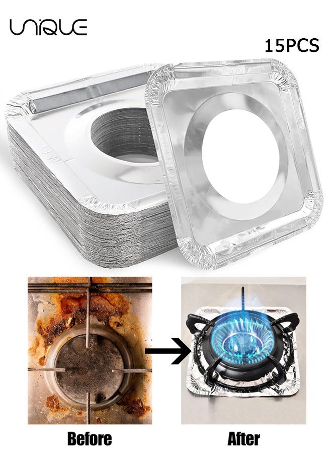 يونيك 15 قطعة غطاء موقد غاز - بطانة موقد ألومنيوم يمكن التخلص منها - 9 بوصة مربعة واقي موقد غاز مقاوم للحرارة - غطاء علوي سميك للموقد لمواقد الغاز وأدوات المطبخ ومستلزمات المطبخ - Image 1