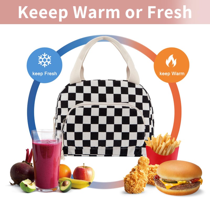OYLOLA Lunch Bag Women Lunch Box for Women Adult Cute Insulated Lunch Bag Small Cooler Lunch Tote Bags for Work Picnic School (Black-White Plaid) - Image 4