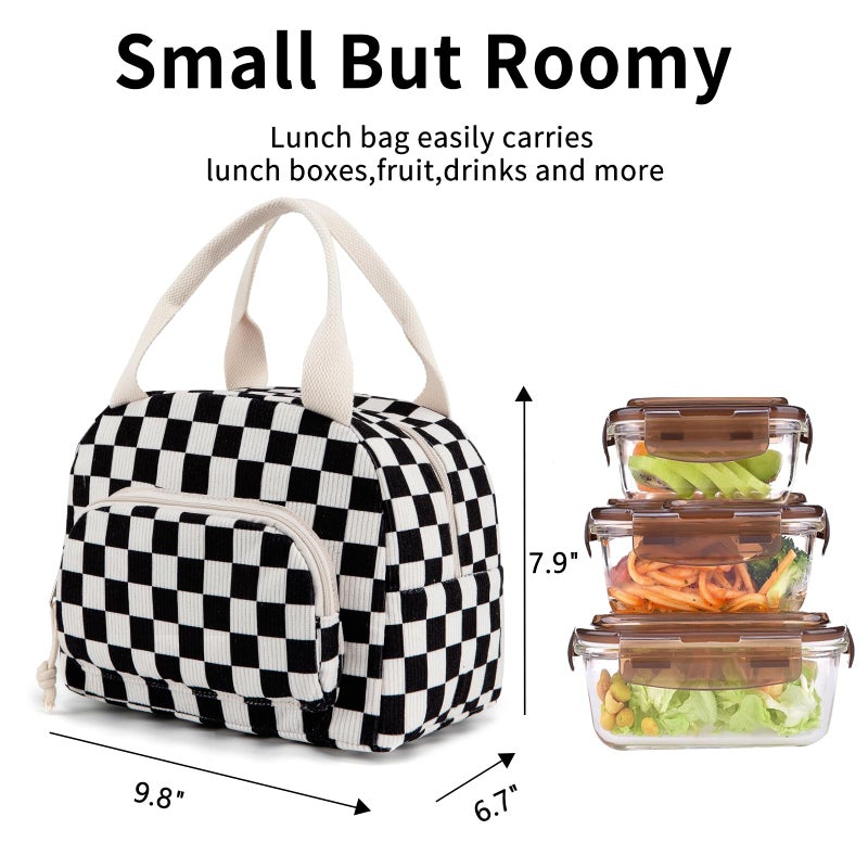 OYLOLA Lunch Bag Women Lunch Box for Women Adult Cute Insulated Lunch Bag Small Cooler Lunch Tote Bags for Work Picnic School (Black-White Plaid) - Image 3