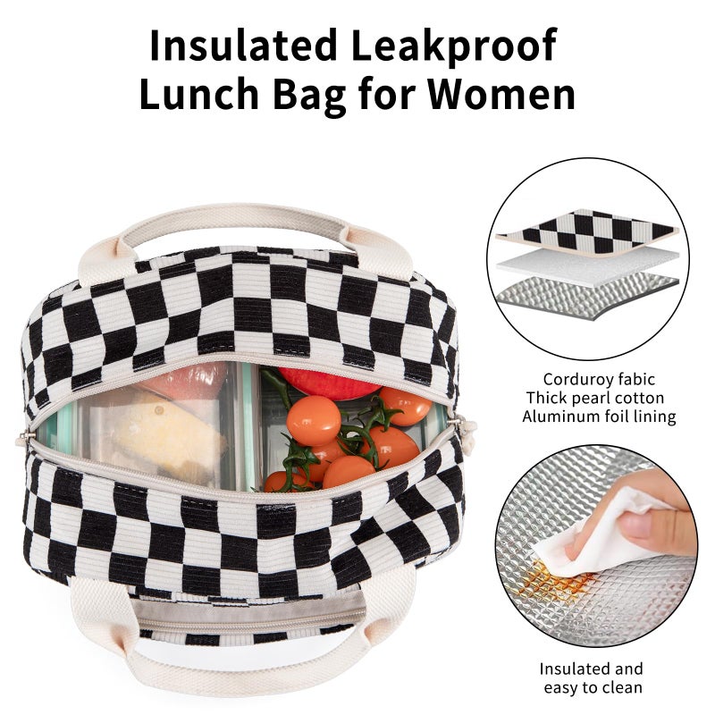 OYLOLA Lunch Bag Women Lunch Box for Women Adult Cute Insulated Lunch Bag Small Cooler Lunch Tote Bags for Work Picnic School (Black-White Plaid) - Image 5