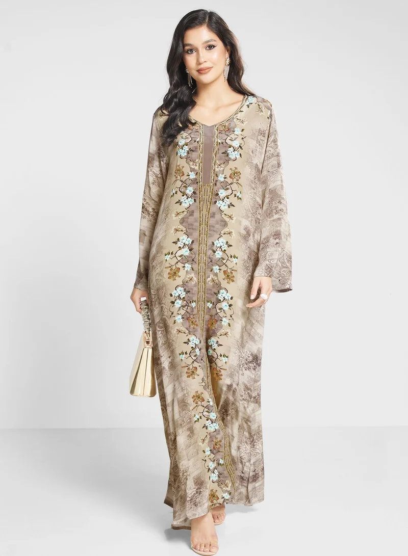 Biba Floral Printed Lace Detail Jalabiya