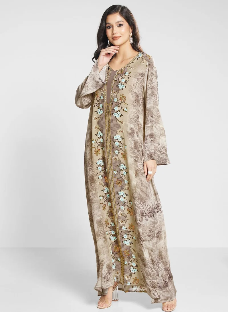 Biba Floral Printed Lace Detail Jalabiya