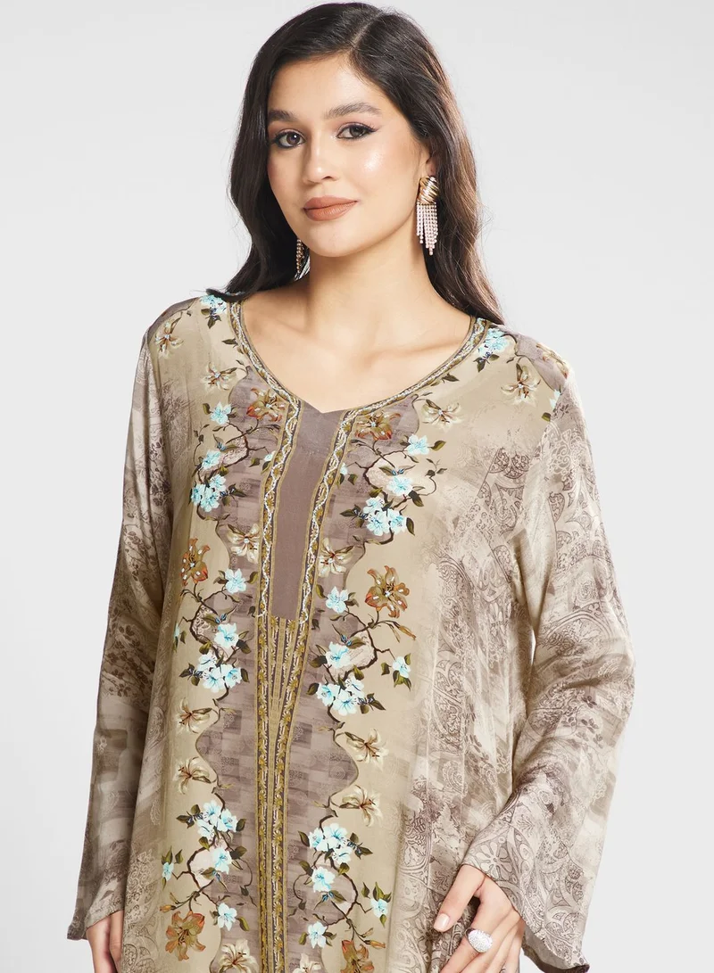 Biba Floral Printed Lace Detail Jalabiya