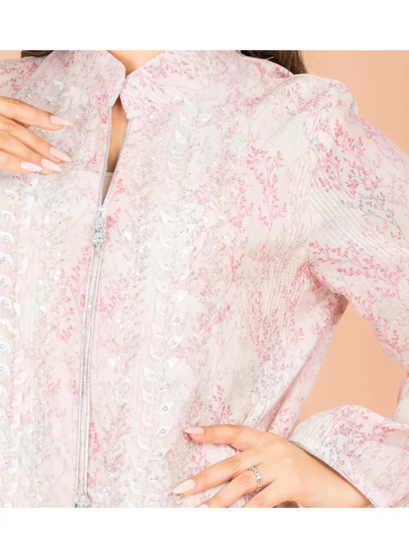 اكسا جلابية بطبعة أنيقة بياقة ماندراين وقصة مستقيمة وردية