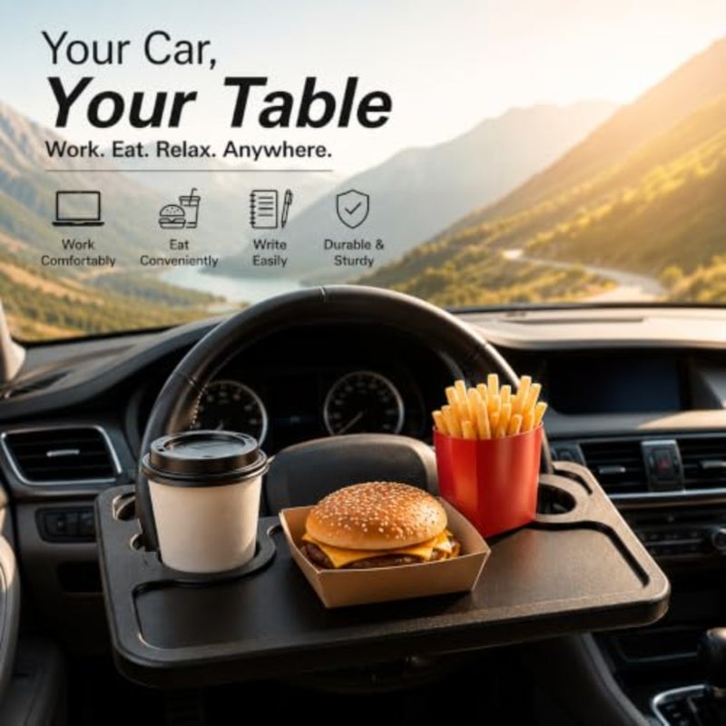 Steering Wheel Tray, Steering Wheel Tray for Car, Laptop Lapdesk, Car Eating Table for Food Laptop, Universal Portable Vehicle Desk for Working, Dining, Writing Travel, 42 x 28 cm, Black - Image 3