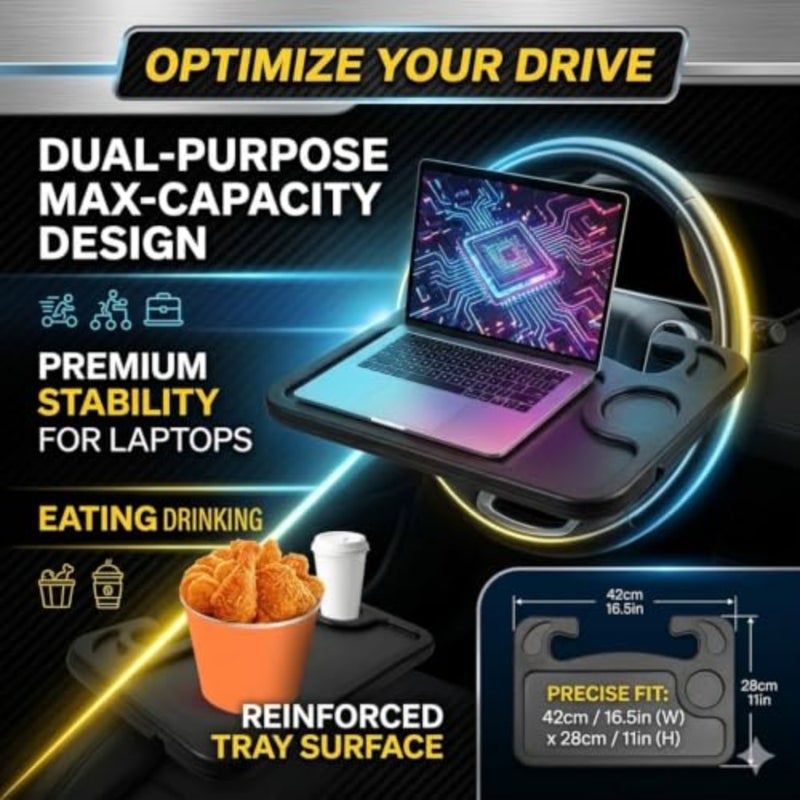 Steering Wheel Tray, Steering Wheel Tray for Car, Laptop Lapdesk, Car Eating Table for Food Laptop, Universal Portable Vehicle Desk for Working, Dining, Writing Travel, 42 x 28 cm, Black - Image 2