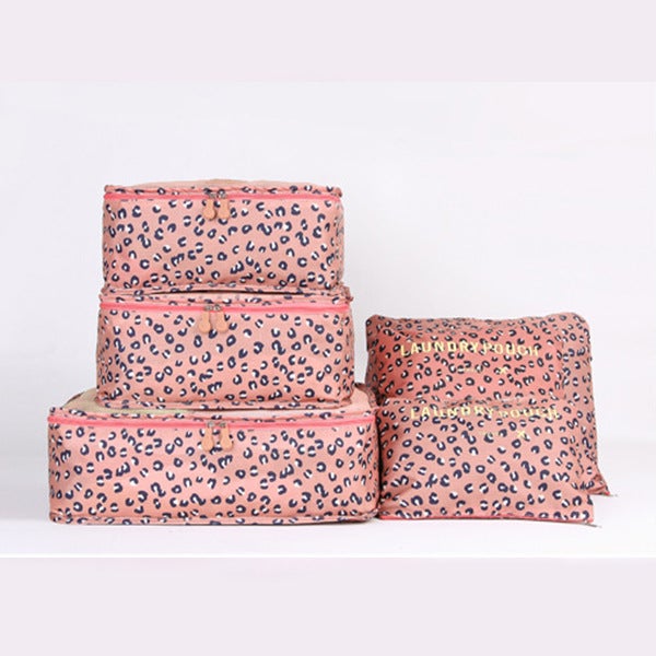 Korean-style Travel Storage Bag Clothes Household 6-piece Storage Bag Underwear Panties Pull Rod Storage Set 6-piece Set Pink Leopard Print