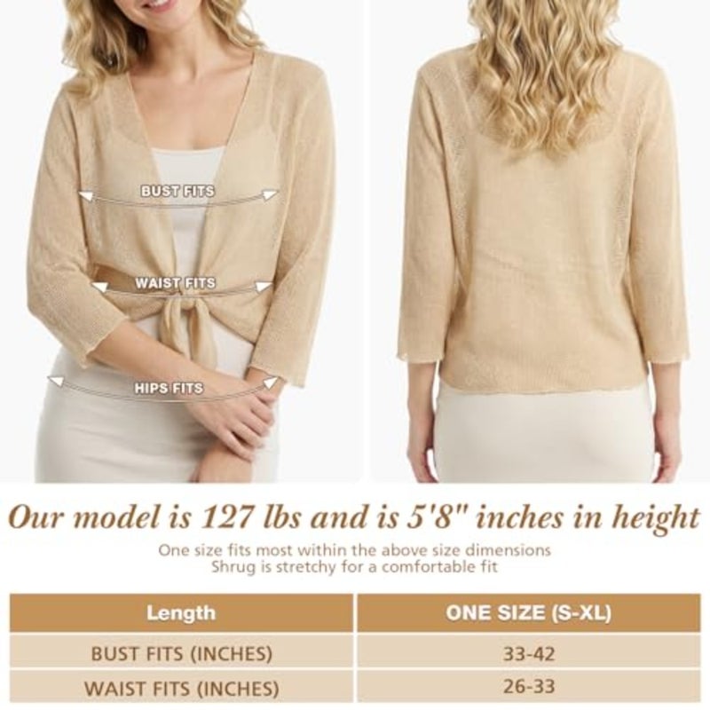 Women's Sheer Shrug 3/4 Tie Front Bolero Sleeve Summer Cover Up Lightweight Mesh Knit Cardigan for Party and Daily - Image 2