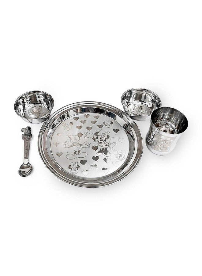 KC Steel Cartoon Baby Dinner Set Of 5 Pieces 1 Plate, 2 Bowls, 1 Spoon, 1 Glass (Mickey Minnie Design) - Image 1