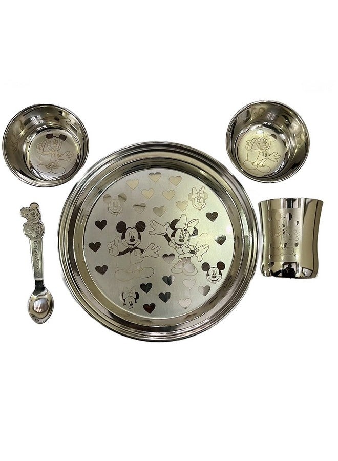 KC Steel Cartoon Baby Dinner Set Of 5 Pieces 1 Plate, 2 Bowls, 1 Spoon, 1 Glass (Mickey Minnie Design) - Image 4