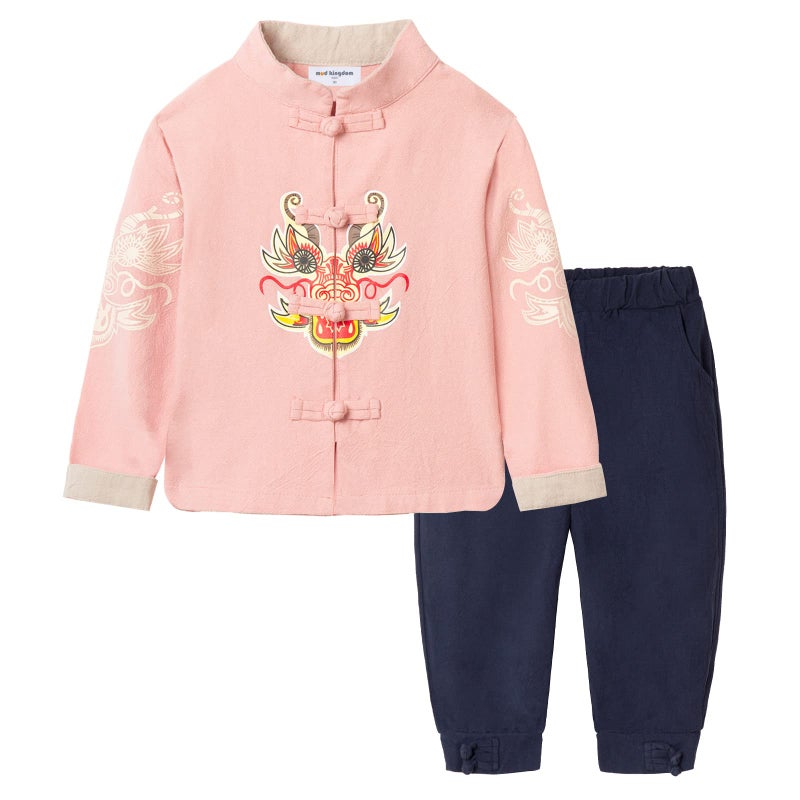 Mud Kingdom Little Boy Girls Outfits Tang Style Chinese New Year Suit Traditional Sets, Pink, 6 - Image 1