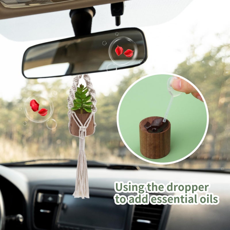 GAGILAND 2 Pack Car Air Freshener Mirror Hanging Accessories Mini Macrame Crochet Plant with Wooden Essential Oil Diffusers Cute Boho Plant for Rear View Mirror Home Office Decor - Image 3