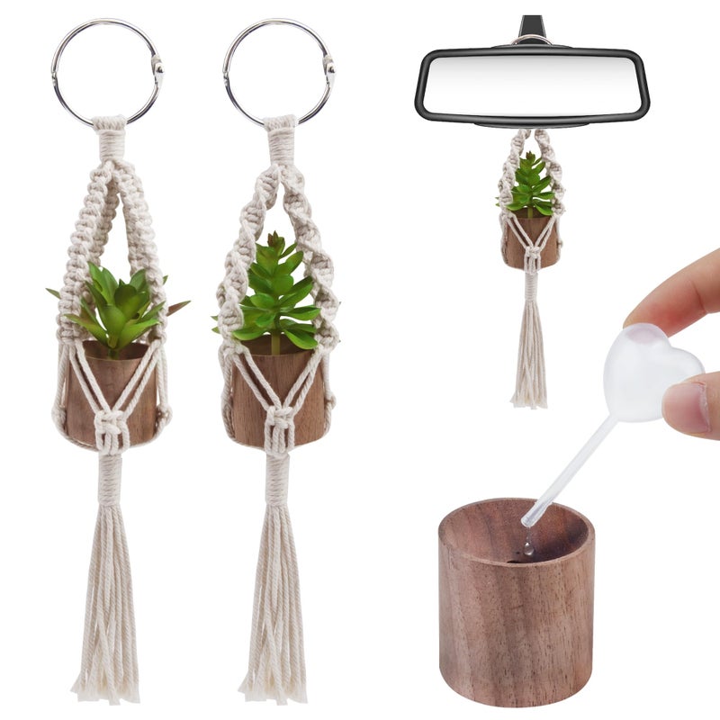 GAGILAND 2 Pack Car Air Freshener Mirror Hanging Accessories Mini Macrame Crochet Plant with Wooden Essential Oil Diffusers Cute Boho Plant for Rear View Mirror Home Office Decor - Image 1