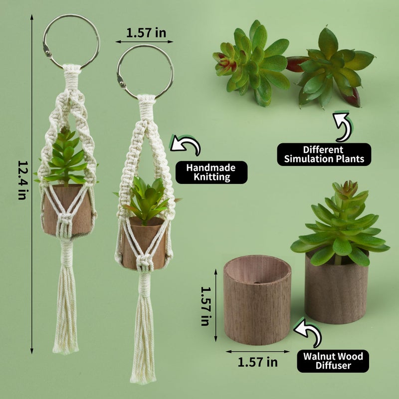 GAGILAND 2 Pack Car Air Freshener Mirror Hanging Accessories Mini Macrame Crochet Plant with Wooden Essential Oil Diffusers Cute Boho Plant for Rear View Mirror Home Office Decor - Image 2