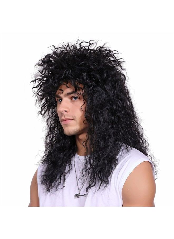 FantaLook - Mens 80S Long Curly Black Rocker Costume Wig - Image 1