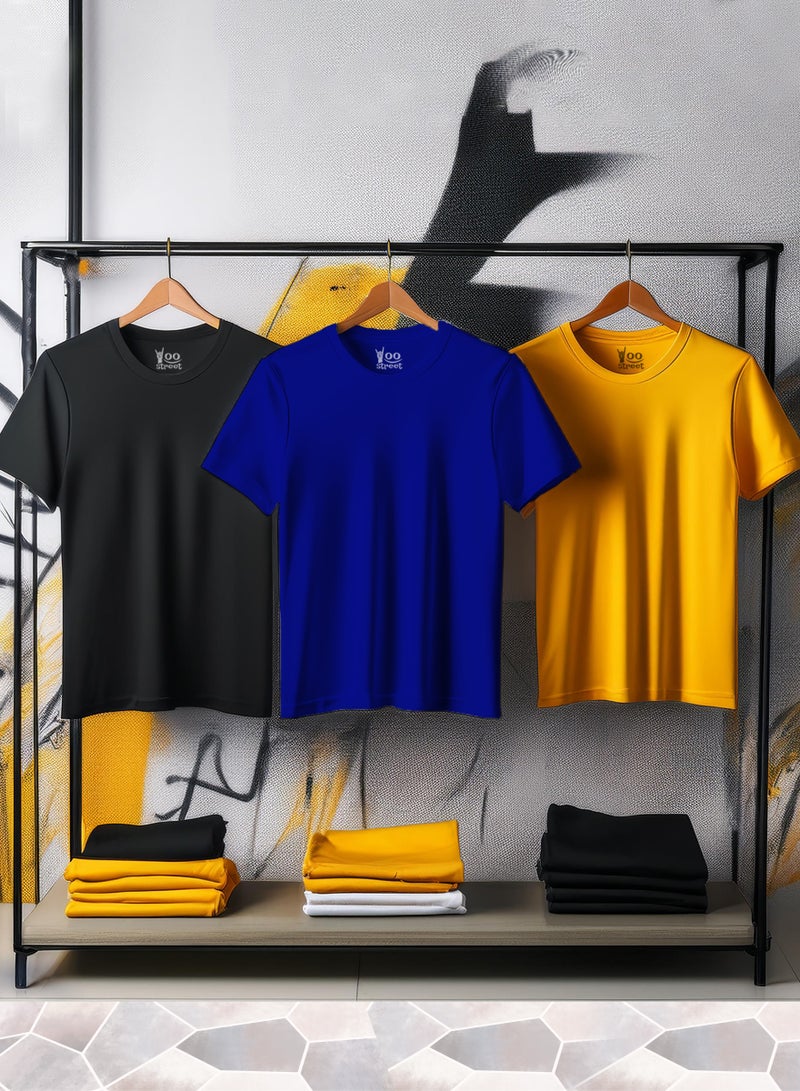 Yoo Street Bundle of 3 Classic T-Shirts - BLACK BLUE YELLOW