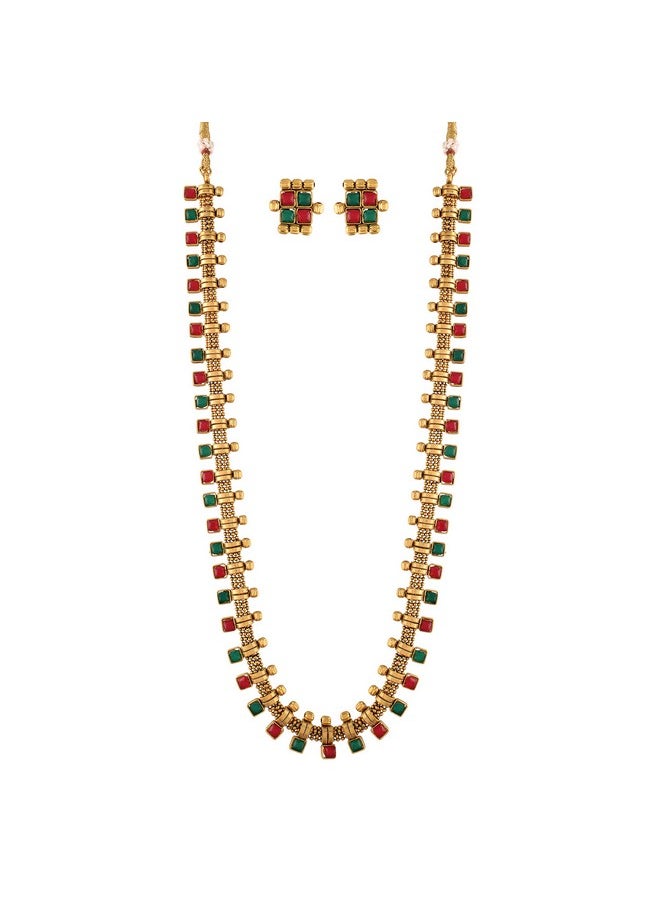 I Jewels I Jewels 18K Gold Plated Traditional Stylish Multicolour Stone Work Long Necklace With Earrings For Women & Girls (MC041QG)  - Image 1