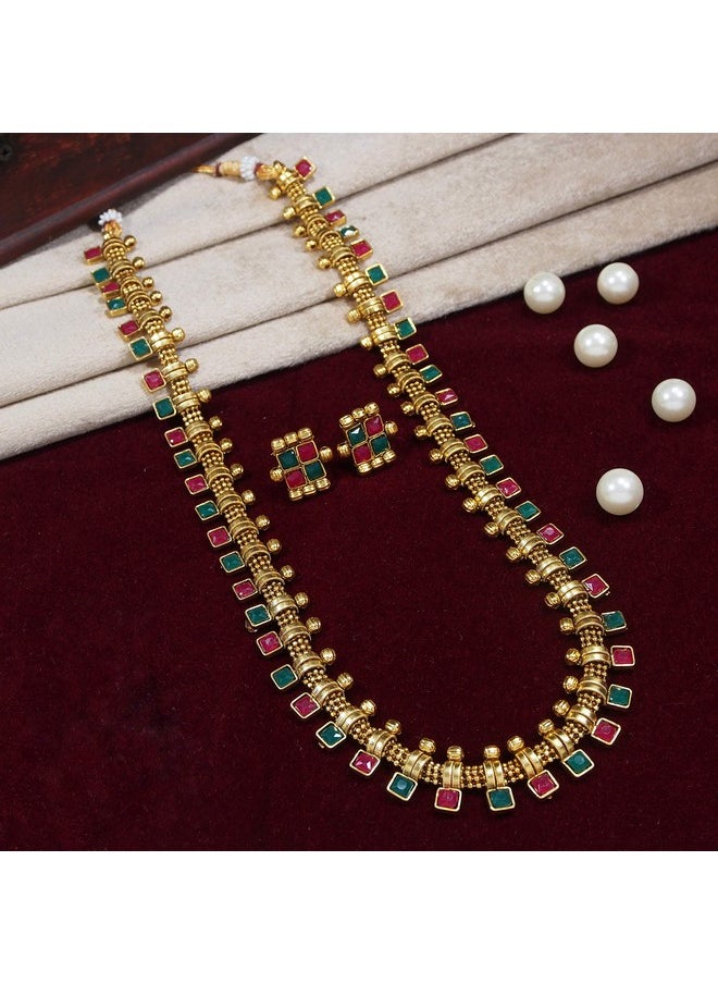 I Jewels I Jewels 18K Gold Plated Traditional Stylish Multicolour Stone Work Long Necklace With Earrings For Women & Girls (MC041QG)  - Image 2