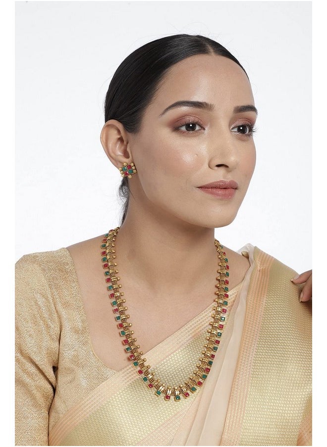 I Jewels I Jewels 18K Gold Plated Traditional Stylish Multicolour Stone Work Long Necklace With Earrings For Women & Girls (MC041QG)  - Image 3