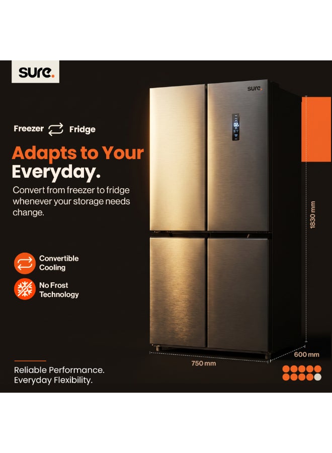 SURE 520L Gross, 330L Net 4 Door Refrigerator, 190L Freezer Capacity, Inverter Compressor, Frost Free, Touch Control Panel, LED Door Display, Silent Operation, Inox Finish, RCF-520 RCF-520 Inox Finish - Image 4