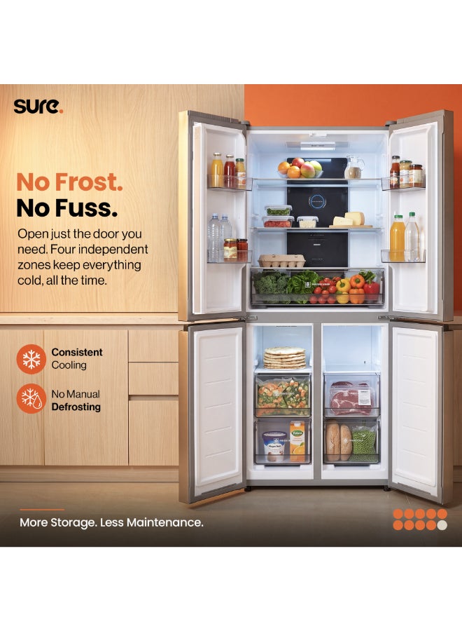 SURE 520L Gross, 330L Net 4 Door Refrigerator, 190L Freezer Capacity, Inverter Compressor, Frost Free, Touch Control Panel, LED Door Display, Silent Operation, Inox Finish, RCF-520 RCF-520 Inox Finish - Image 3