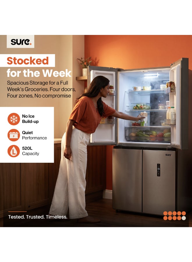 SURE 520L Gross, 330L Net 4 Door Refrigerator, 190L Freezer Capacity, Inverter Compressor, Frost Free, Touch Control Panel, LED Door Display, Silent Operation, Inox Finish, RCF-520 RCF-520 Inox Finish - Image 2