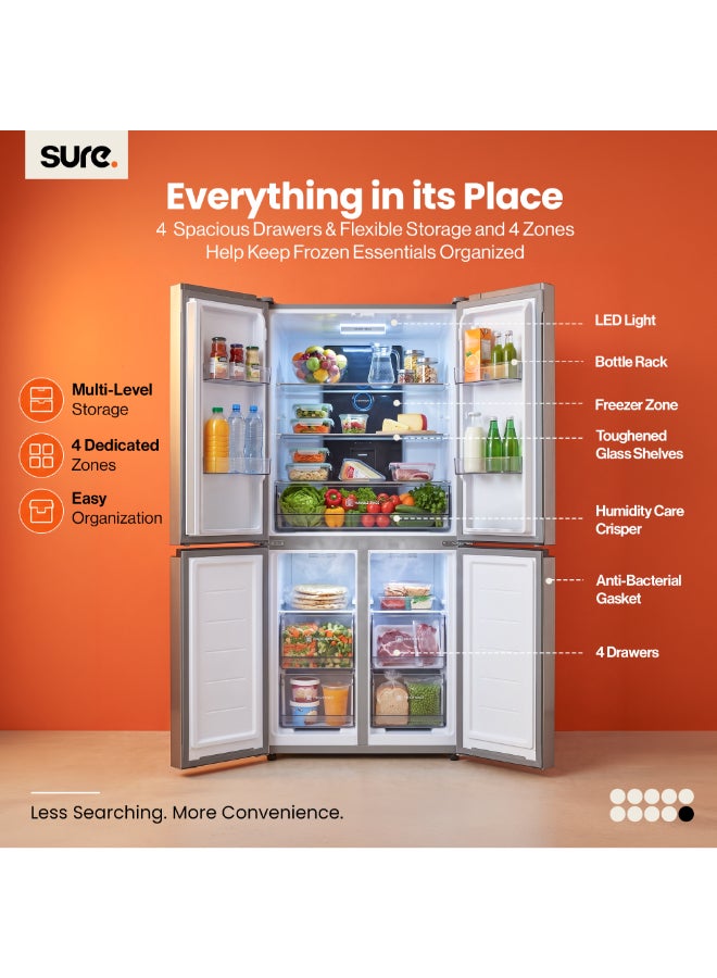 SURE 520L Gross, 330L Net 4 Door Refrigerator, 190L Freezer Capacity, Inverter Compressor, Frost Free, Touch Control Panel, LED Door Display, Silent Operation, Inox Finish, RCF-520 RCF-520 Inox Finish - Image 5