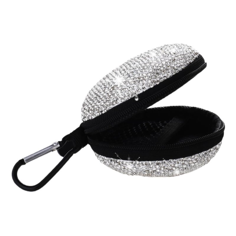Portable Earphone Storage Bag with Carabiner Silver Rhinestone Design for Cables USB Drives - Image 2