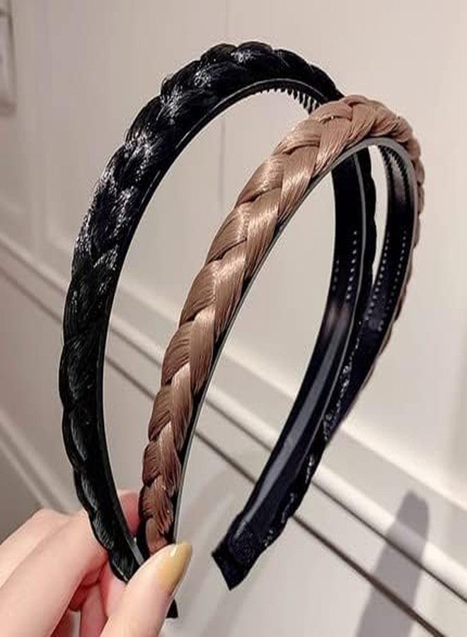 BAKEFY - 2 pcs (1 Black +1Brown) Synthetic Hair Braided Headband Classic Chunky Wide Plaited Braids Elastic Stretch Hairpiece Women Girl Beauty Accessories - Image 2