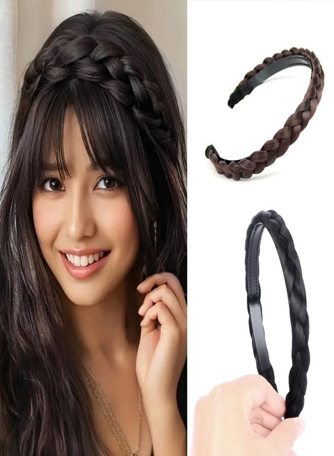 BAKEFY - 2 pcs (1 Black +1Brown) Synthetic Hair Braided Headband Classic Chunky Wide Plaited Braids Elastic Stretch Hairpiece Women Girl Beauty Accessories - Image 1
