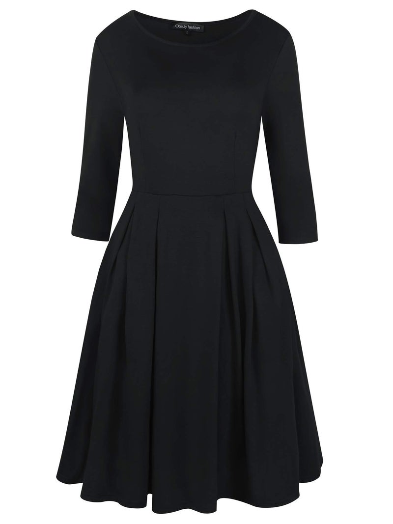 oxiuly Women's Vintage Patchwork Pockets Puffy Swing Casual Party Dress OX165 (Black Solid7, s) - Image 2