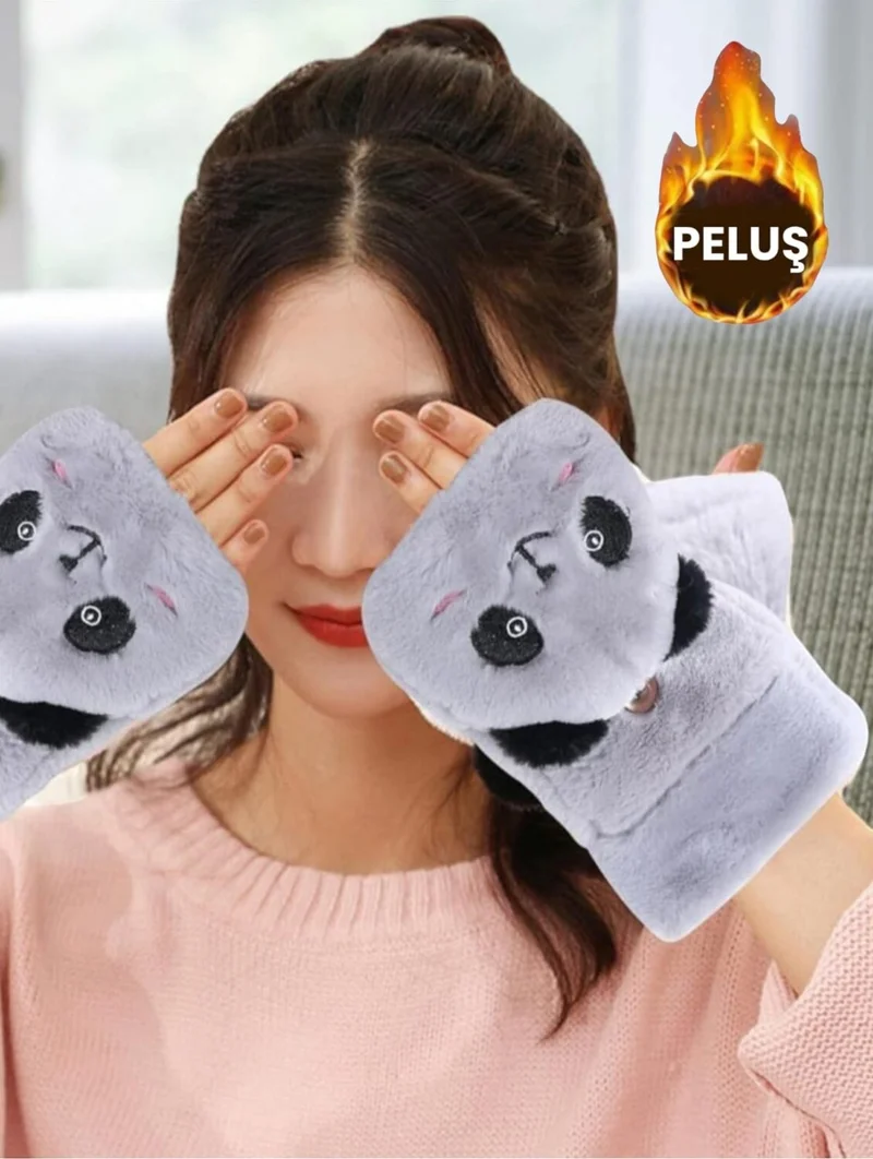 تيزجيلسين Children's Cute Panda Half Finger Covered Winter Plush Gloves