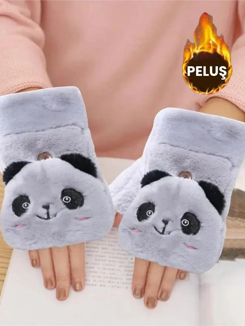 تيزجيلسين Children's Cute Panda Half Finger Covered Winter Plush Gloves
