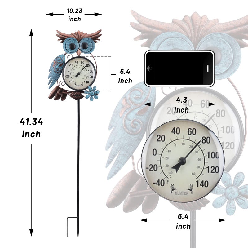 MUMTOP Outdoor Thermometer, 42 Inch Metal Owl Garden Stake Outside Wall Thermometer for Patio, Yard and Garden - Image 2