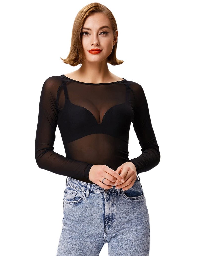 Kate Kasin Long Sleeve See Through Shirts for Plus Size Women Mesh(3XL,Black) - Image 4