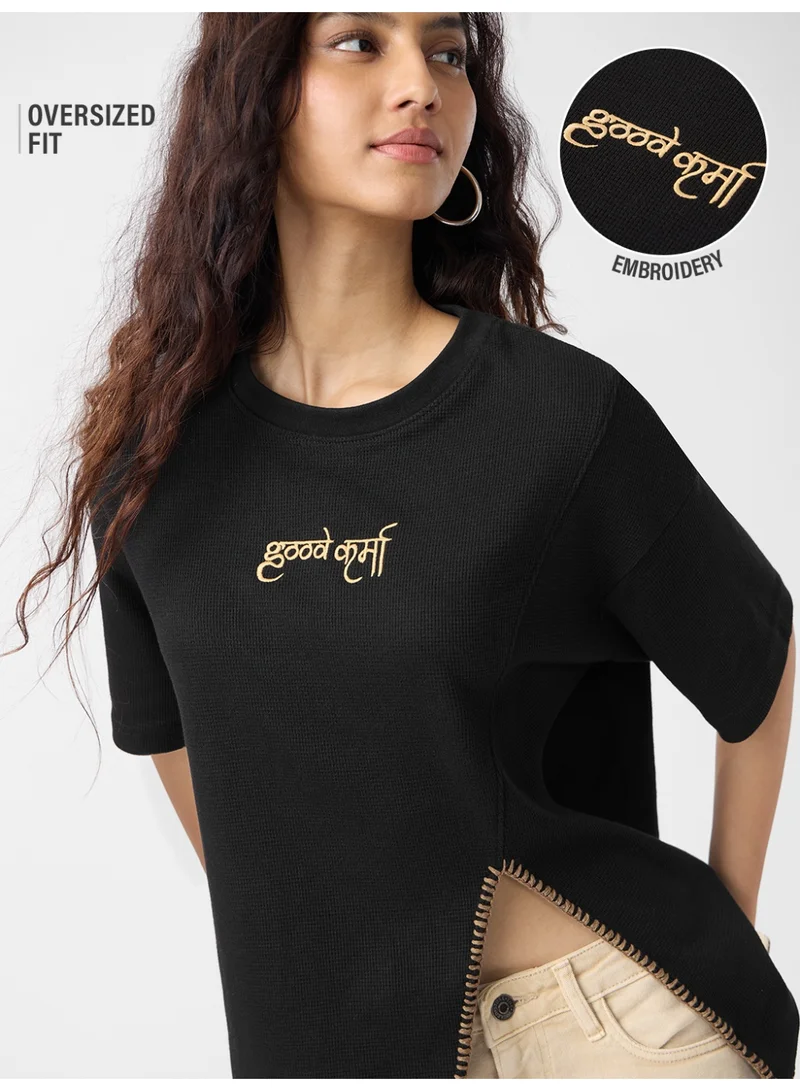 The Souled Store The Souled Store Women Karma Black Embroidered Oversized T-Shirts