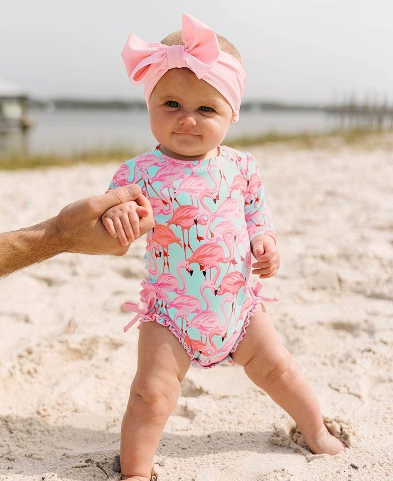 RuffleButts Baby Girls UPF 50+ Sun Protection Tropical Print Long Sleeve One Piece Rash Guard Swimsuit with Zipper - Fab Flamingo X, 6-12m - Image 2