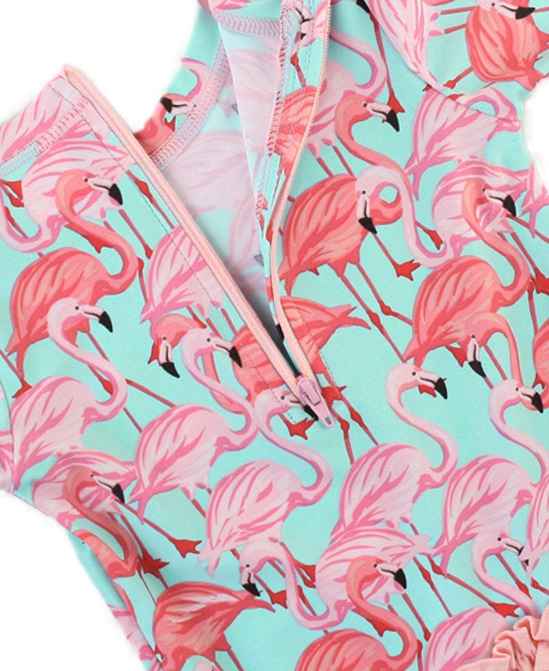 RuffleButts Baby Girls UPF 50+ Sun Protection Tropical Print Long Sleeve One Piece Rash Guard Swimsuit with Zipper - Fab Flamingo X, 6-12m - Image 5