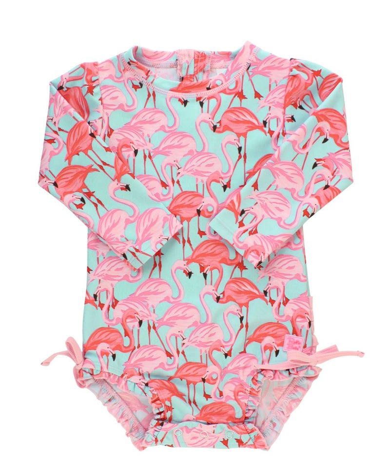 RuffleButts Baby Girls UPF 50+ Sun Protection Tropical Print Long Sleeve One Piece Rash Guard Swimsuit with Zipper - Fab Flamingo X, 6-12m - Image 1