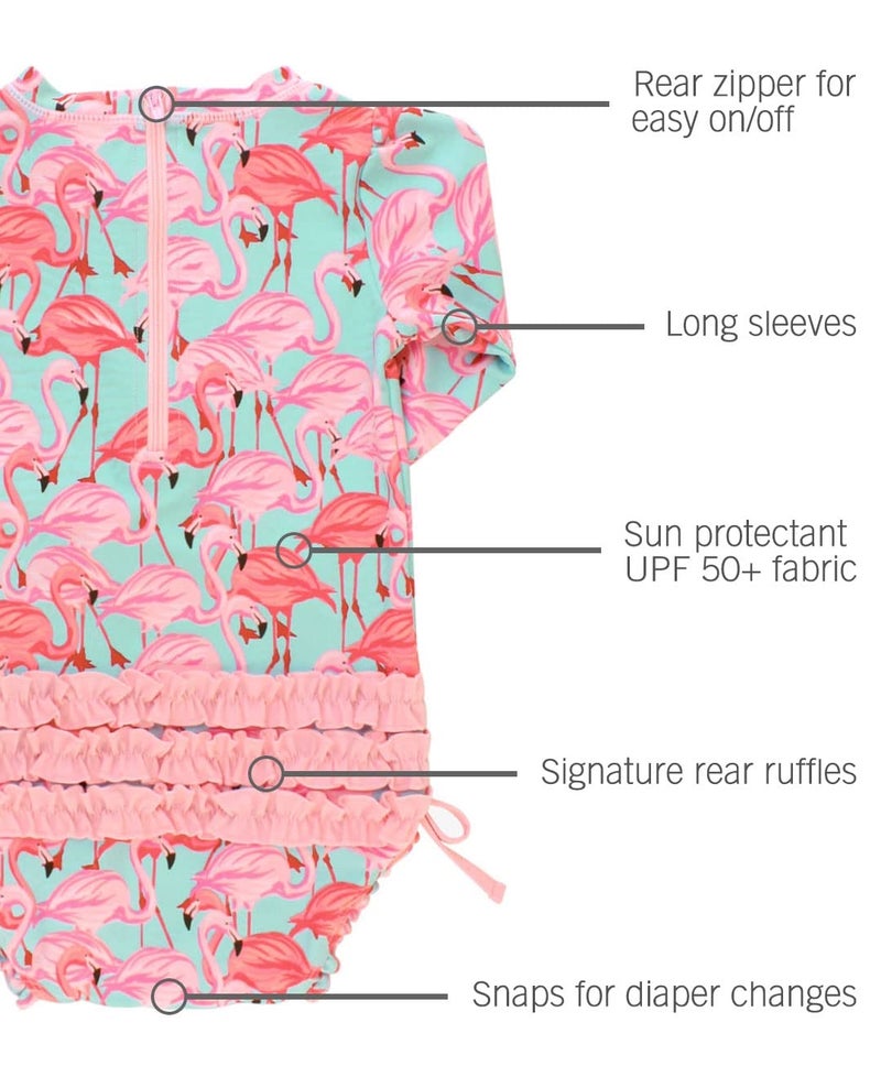 RuffleButts Baby Girls UPF 50+ Sun Protection Tropical Print Long Sleeve One Piece Rash Guard Swimsuit with Zipper - Fab Flamingo X, 6-12m - Image 4