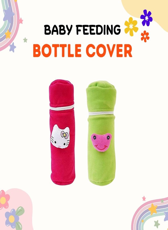 Lala Maneet Soft Plush Baby Bottle Cover for Feeders, Stretchable Bottle Cover (120-250 ml) Set of 2 Zipper Closer Baby Milk Feeding Bottle Cover Cute Animated Color Dark Pink & Green - Image 2