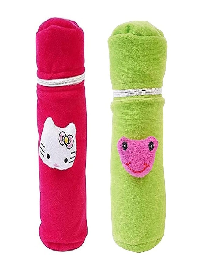 Lala Maneet Soft Plush Baby Bottle Cover for Feeders, Stretchable Bottle Cover (120-250 ml) Set of 2 Zipper Closer Baby Milk Feeding Bottle Cover Cute Animated Color Dark Pink & Green - Image 1