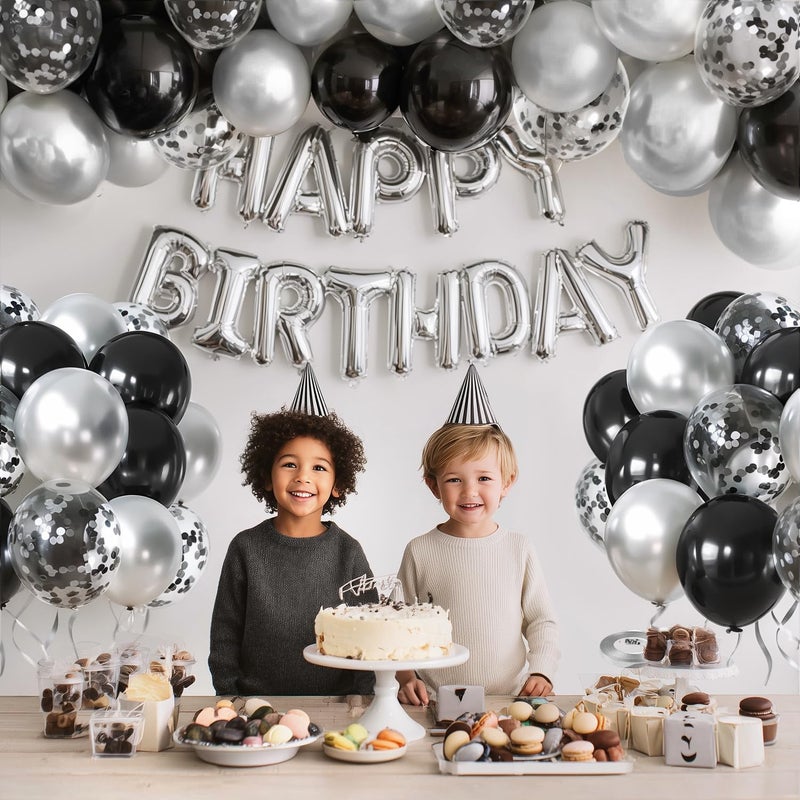 PUFFLD Black and Silver Confetti Balloons, 60pcs 12 inch Silver Metallic Chrome Latex Balloons and Black Latex Balloons for Birthday Wedding and Graduation Party Decorations - Image 3