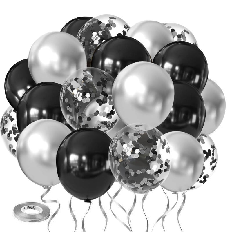 PUFFLD Black and Silver Confetti Balloons, 60pcs 12 inch Silver Metallic Chrome Latex Balloons and Black Latex Balloons for Birthday Wedding and Graduation Party Decorations - Image 1